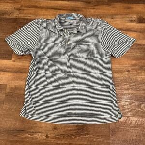 J. McLaughlin XL 95% Linen Blue White Striped Polo Marlon Shirt Golf Prep READ
